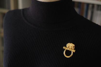 Vintage Malka Paris Elephant Pin – Gilded Gold-Tone with Red Crystal Eye, Made in France