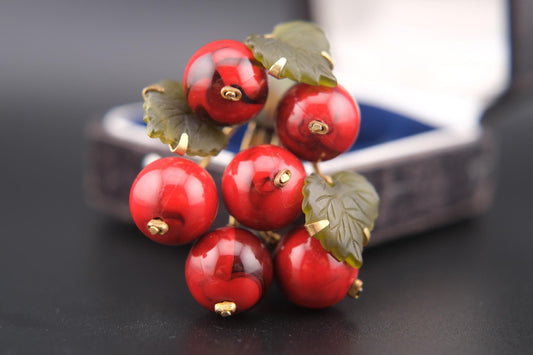 🍒 Vintage West Germany Red Glass Fruit Cluster Brooch