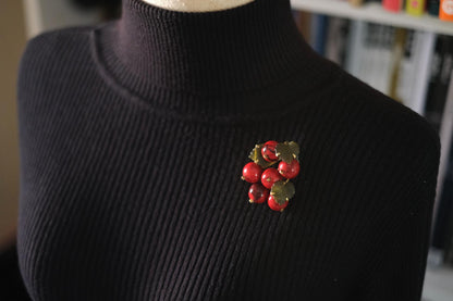 🍒 Vintage West Germany Red Glass Fruit Cluster Brooch