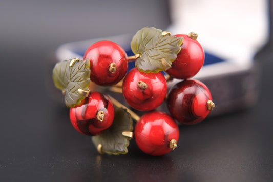 🍒 Vintage West Germany Red Glass Fruit Cluster Brooch