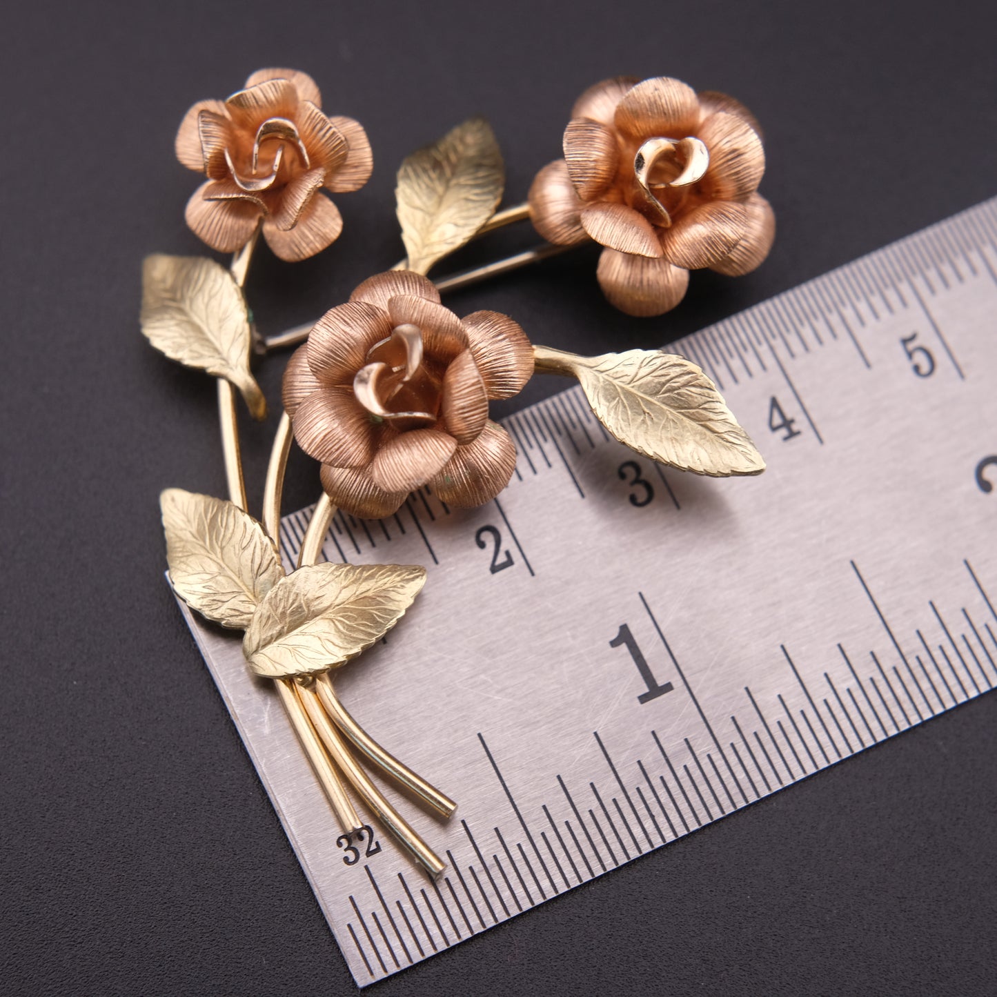 ❤️ Krementz Gold & Rose Tone Flower Stem Leaf Brooch