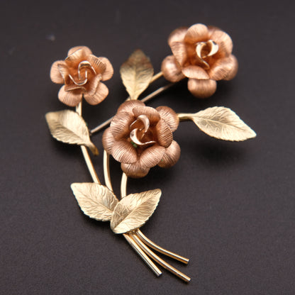 ❤️ Krementz Gold & Rose Tone Flower Stem Leaf Brooch