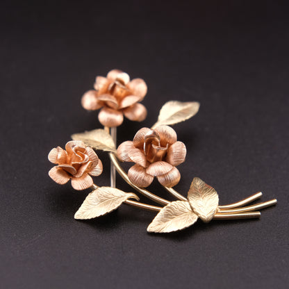 ❤️ Krementz Gold & Rose Tone Flower Stem Leaf Brooch