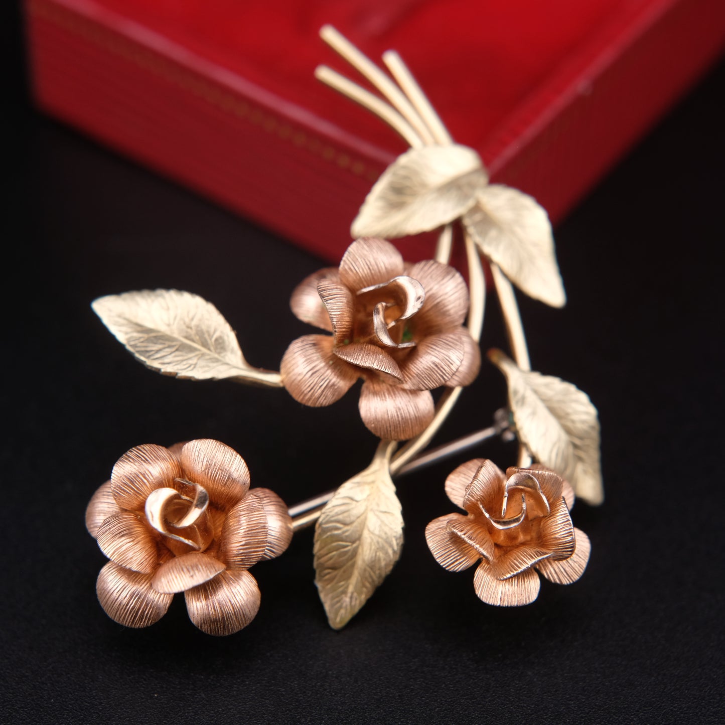 ❤️ Krementz Gold & Rose Tone Flower Stem Leaf Brooch