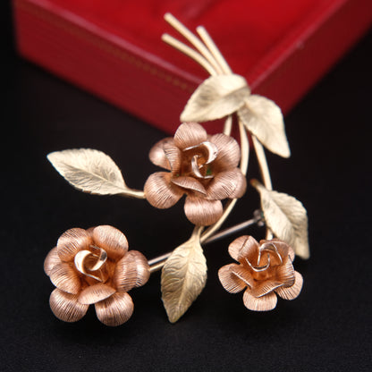 ❤️ Krementz Gold & Rose Tone Flower Stem Leaf Brooch
