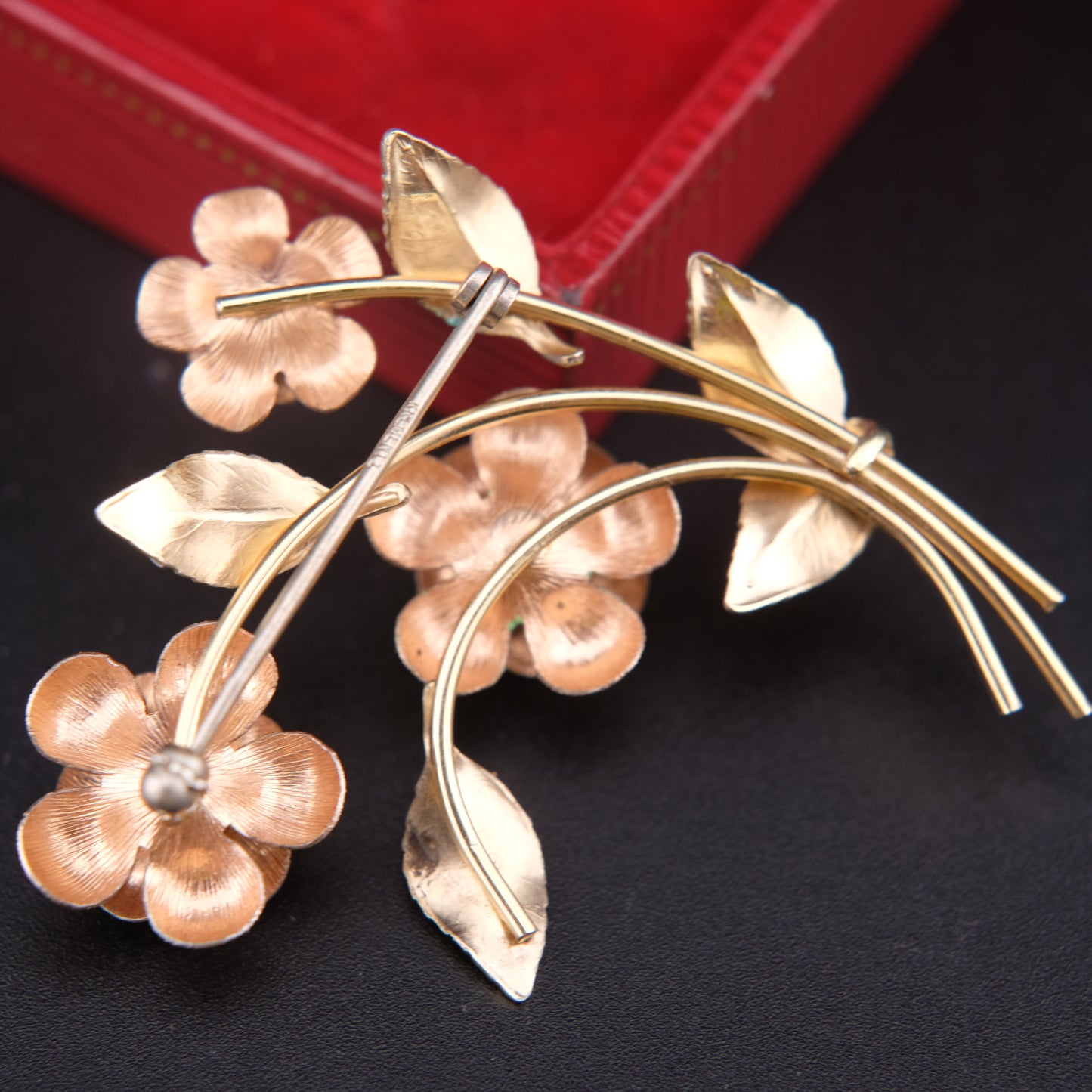 ❤️ Krementz Gold & Rose Tone Flower Stem Leaf Brooch