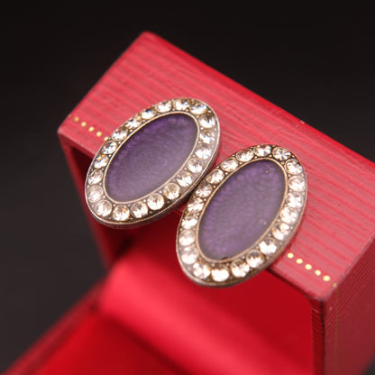 ❤️ Pierre Bex Purple Enamel & Crystal Oval Clip-On Earrings