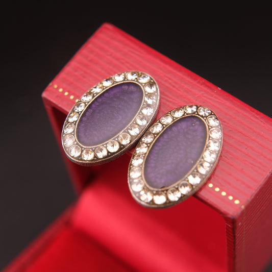 ❤️ Pierre Bex Purple Enamel & Crystal Oval Clip-On Earrings