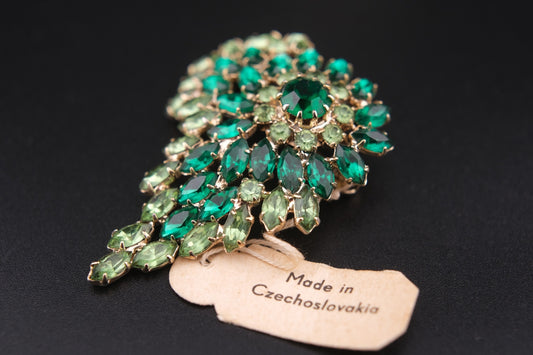 Vintage Czechoslovakian Green Rhinestone Cascade Brooch