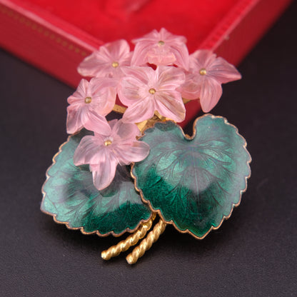 ❤️  Vintage West Germany Pink Floral Brooch with Enameled Green Leaves