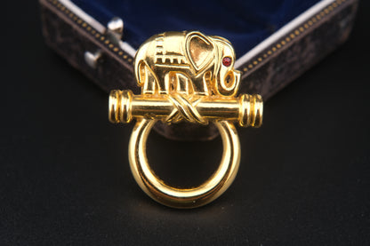 Vintage Malka Paris Elephant Pin – Gilded Gold-Tone with Red Crystal Eye, Made in France