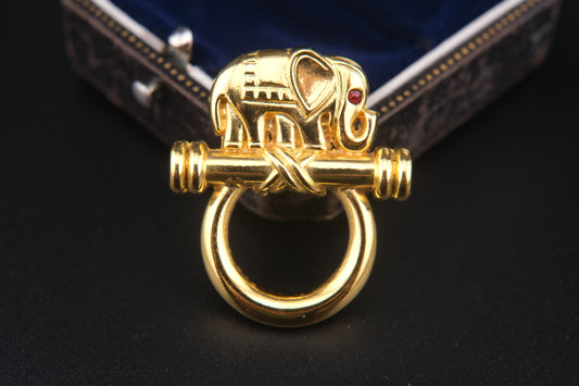 Vintage Malka Paris Elephant Pin – Gilded Gold-Tone with Red Crystal Eye, Made in France
