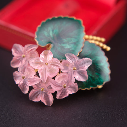 ❤️  Vintage West Germany Pink Floral Brooch with Enameled Green Leaves