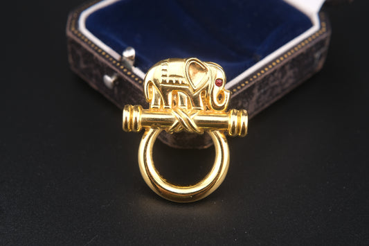 Vintage Malka Paris Elephant Pin – Gilded Gold-Tone with Red Crystal Eye, Made in France