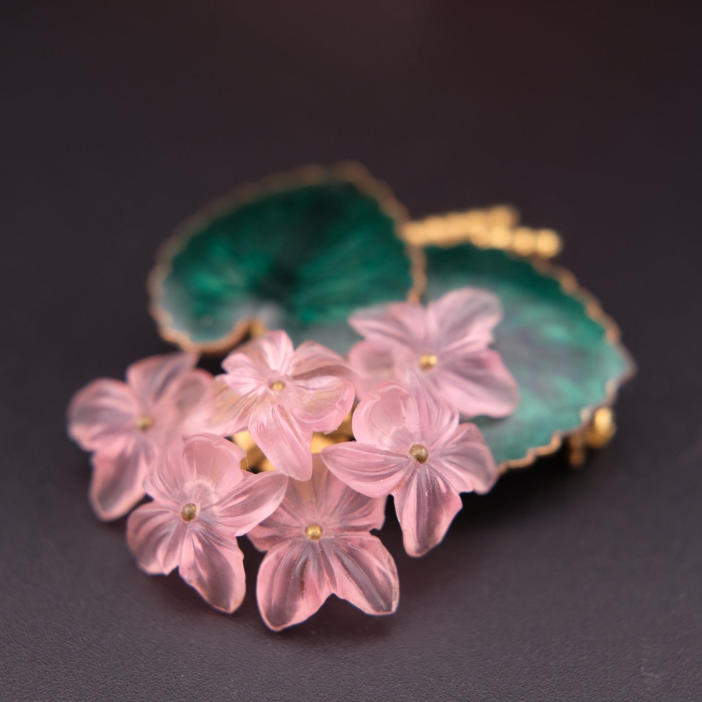 ❤️  Vintage West Germany Pink Floral Brooch with Enameled Green Leaves