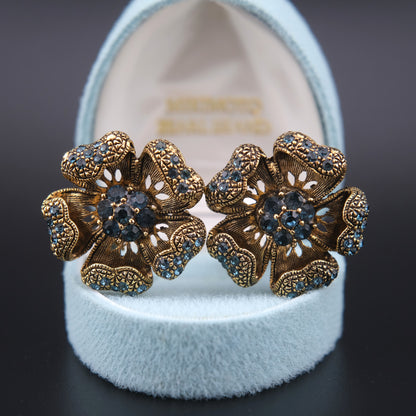 Vintage ROM Blue Rhinestone Floral Clip-On Earrings – Gold-Tone Filigree Flowers