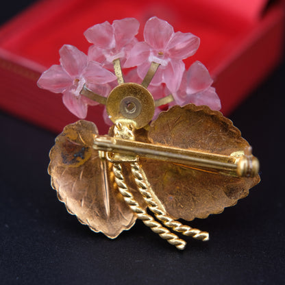 ❤️  Vintage West Germany Pink Floral Brooch with Enameled Green Leaves