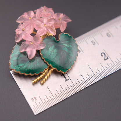 ❤️  Vintage West Germany Pink Floral Brooch with Enameled Green Leaves