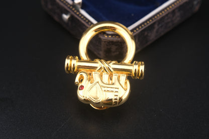 Vintage Malka Paris Elephant Pin – Gilded Gold-Tone with Red Crystal Eye, Made in France