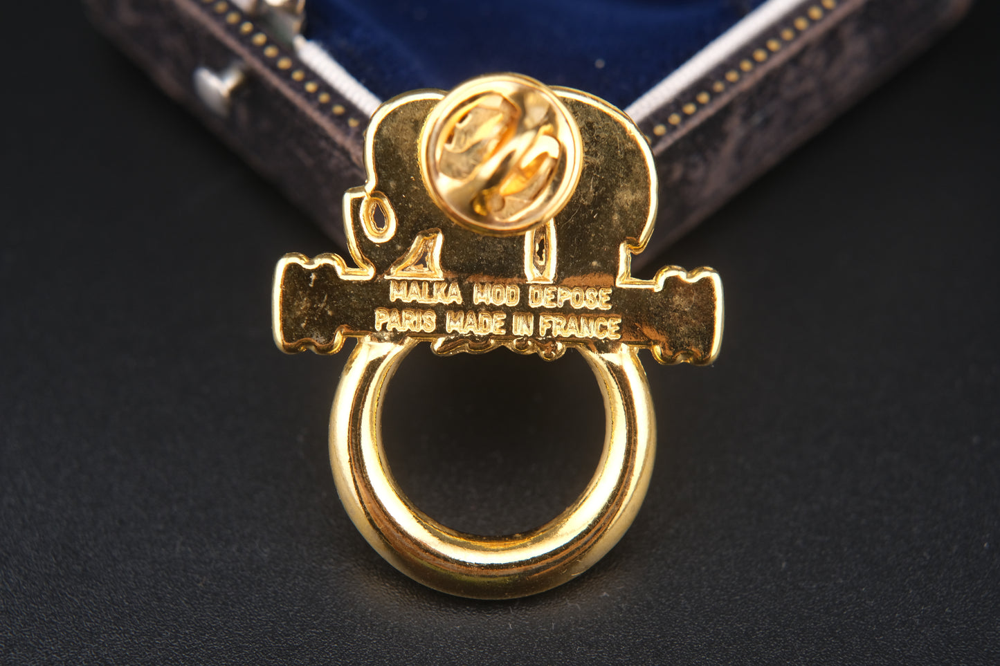 Vintage Malka Paris Elephant Pin – Gilded Gold-Tone with Red Crystal Eye, Made in France