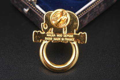Vintage Malka Paris Elephant Pin – Gilded Gold-Tone with Red Crystal Eye, Made in France