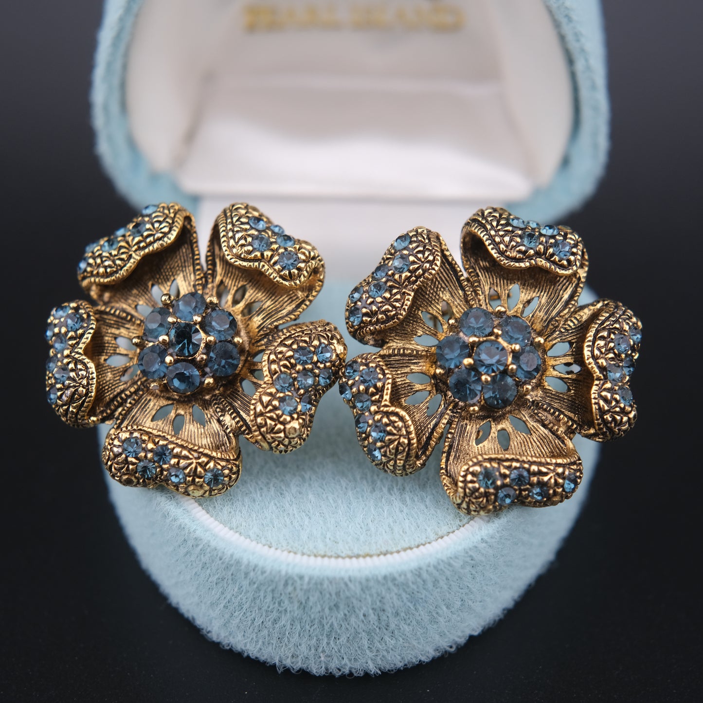 Vintage ROM Blue Rhinestone Floral Clip-On Earrings – Gold-Tone Filigree Flowers
