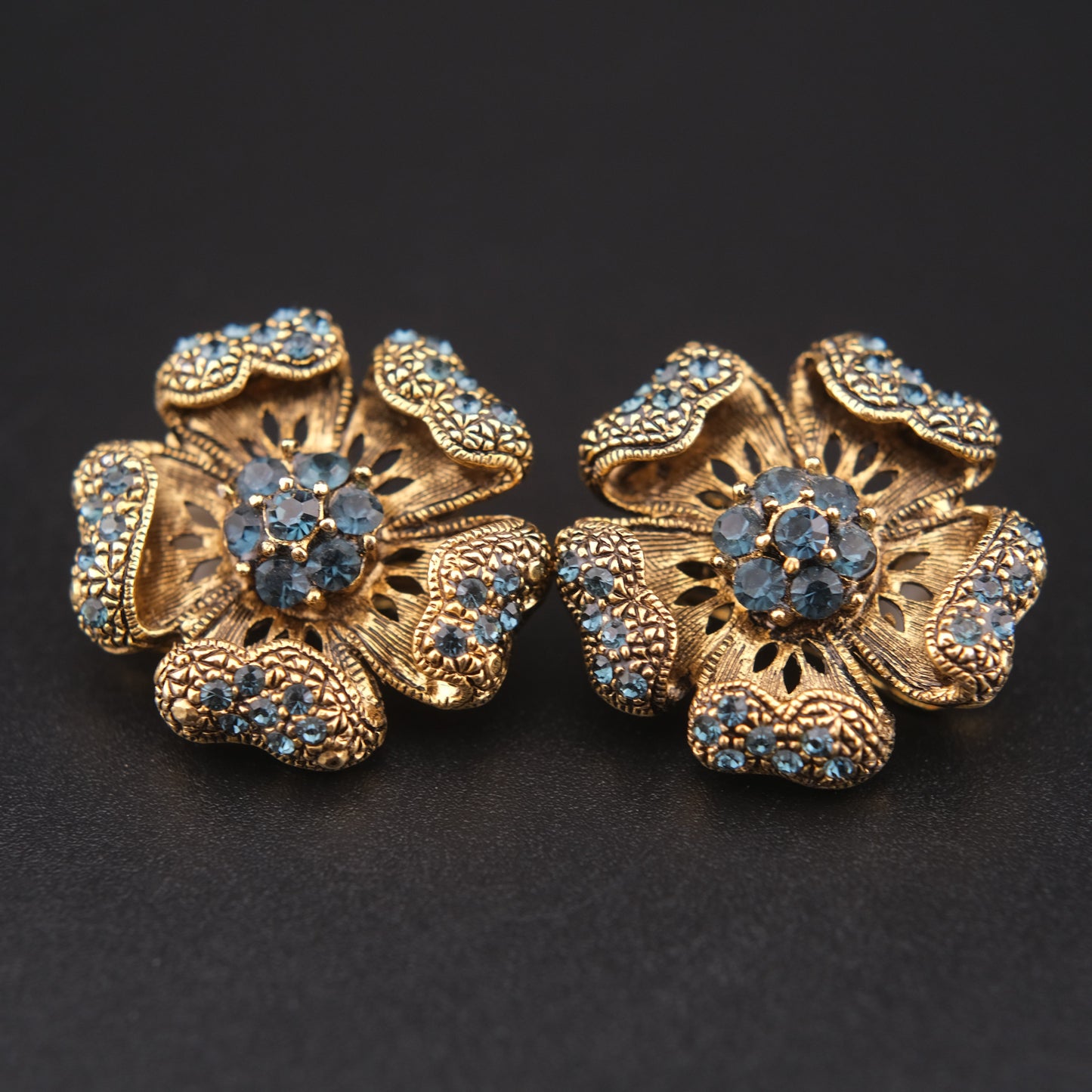 Vintage ROM Blue Rhinestone Floral Clip-On Earrings – Gold-Tone Filigree Flowers