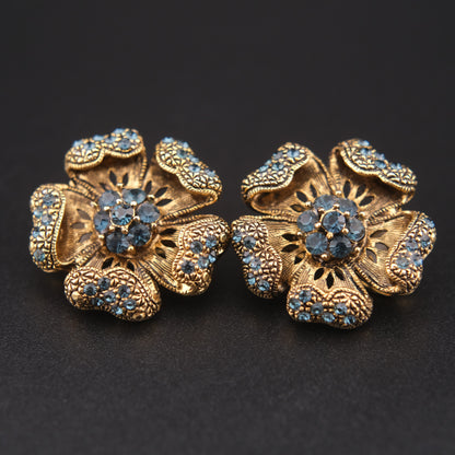 Vintage ROM Blue Rhinestone Floral Clip-On Earrings – Gold-Tone Filigree Flowers