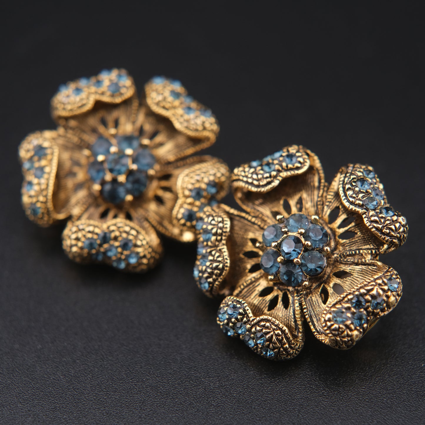 Vintage ROM Blue Rhinestone Floral Clip-On Earrings – Gold-Tone Filigree Flowers