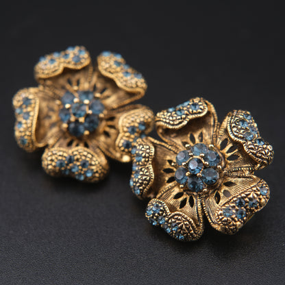Vintage ROM Blue Rhinestone Floral Clip-On Earrings – Gold-Tone Filigree Flowers