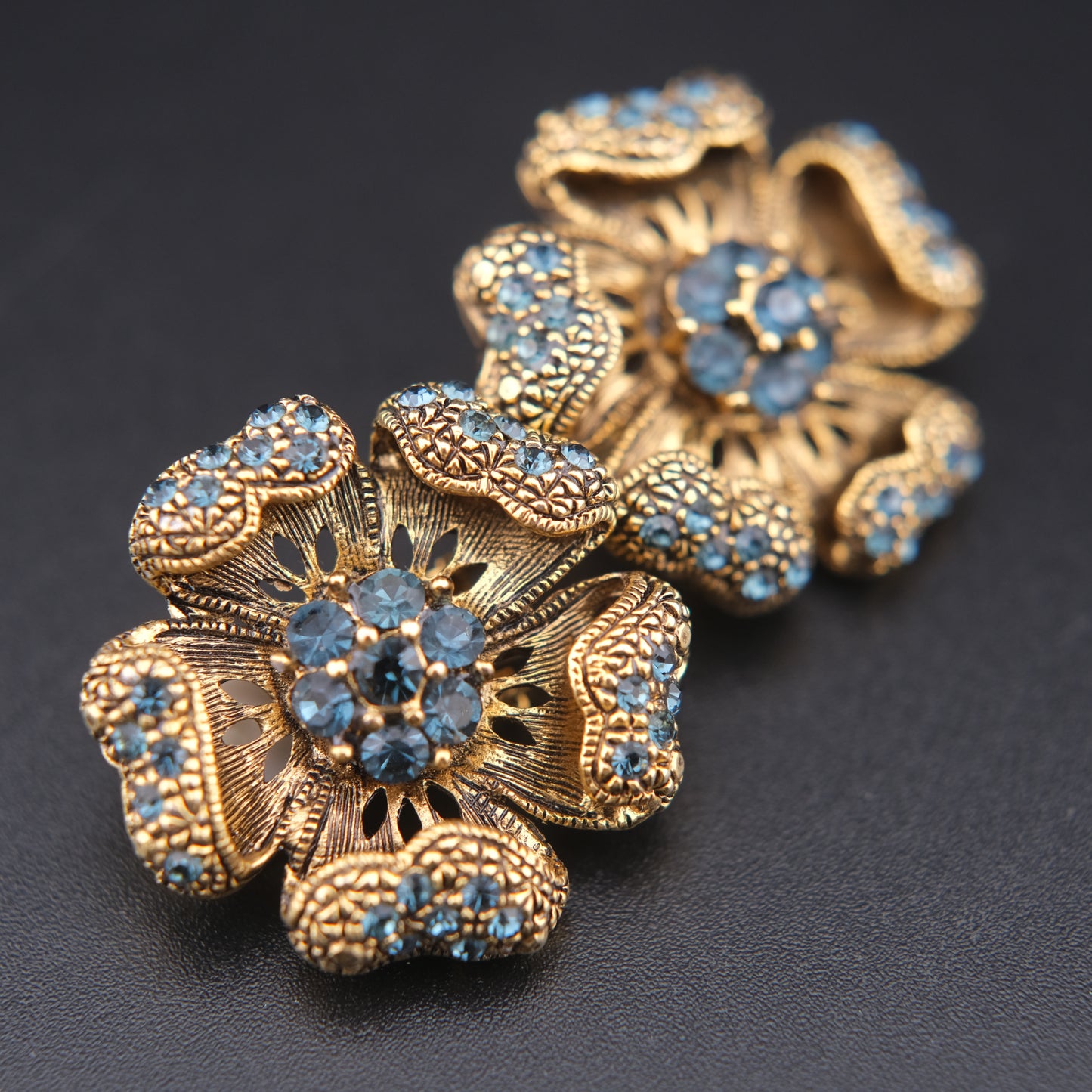 Vintage ROM Blue Rhinestone Floral Clip-On Earrings – Gold-Tone Filigree Flowers