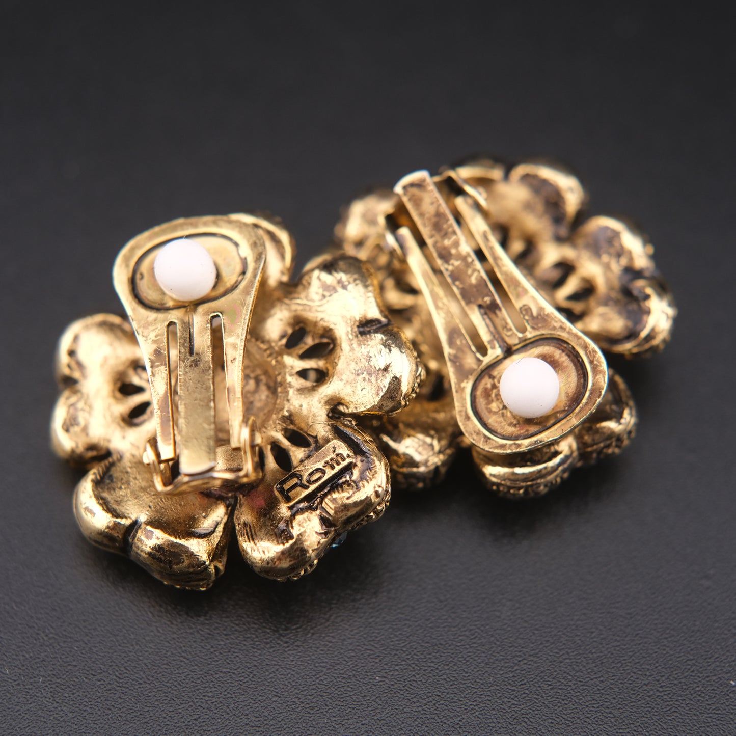 Vintage ROM Blue Rhinestone Floral Clip-On Earrings – Gold-Tone Filigree Flowers