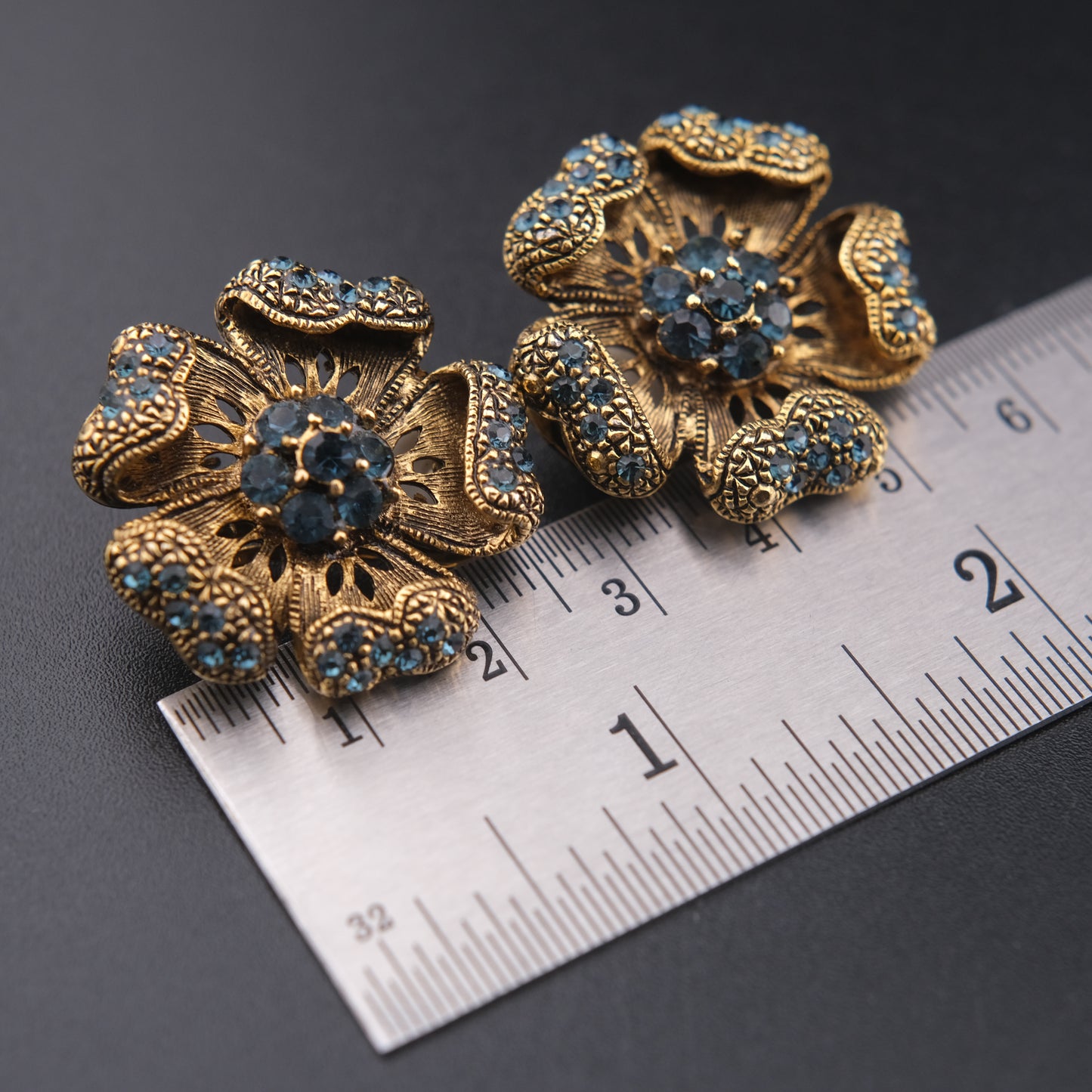 Vintage ROM Blue Rhinestone Floral Clip-On Earrings – Gold-Tone Filigree Flowers