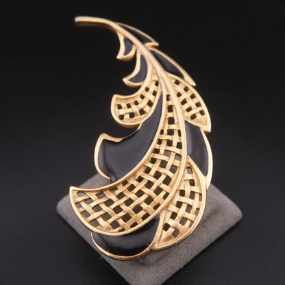 ❤️ Vintage Gold Tone & Black Enamel Openwork Feather Brooch Pin