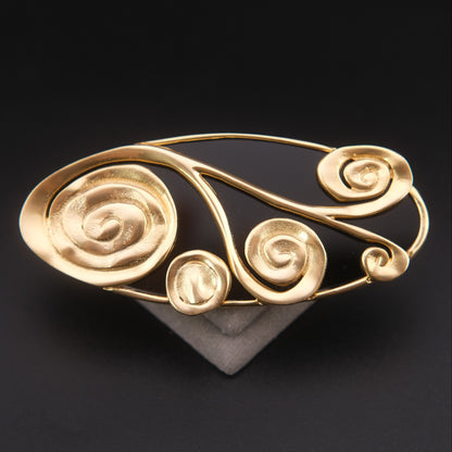 ❤️ Vintage Abstract Gold Tone & Black Sculptural Brooch – Large Swirl Statement Pin