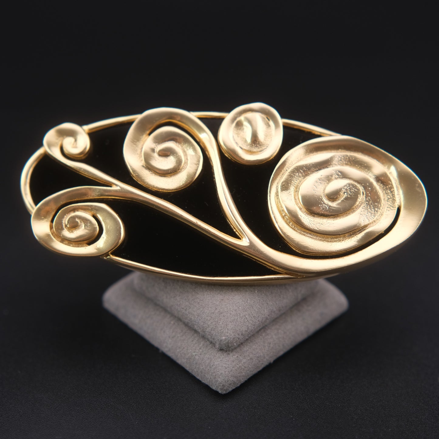 ❤️ Vintage Abstract Gold Tone & Black Sculptural Brooch – Large Swirl Statement Pin