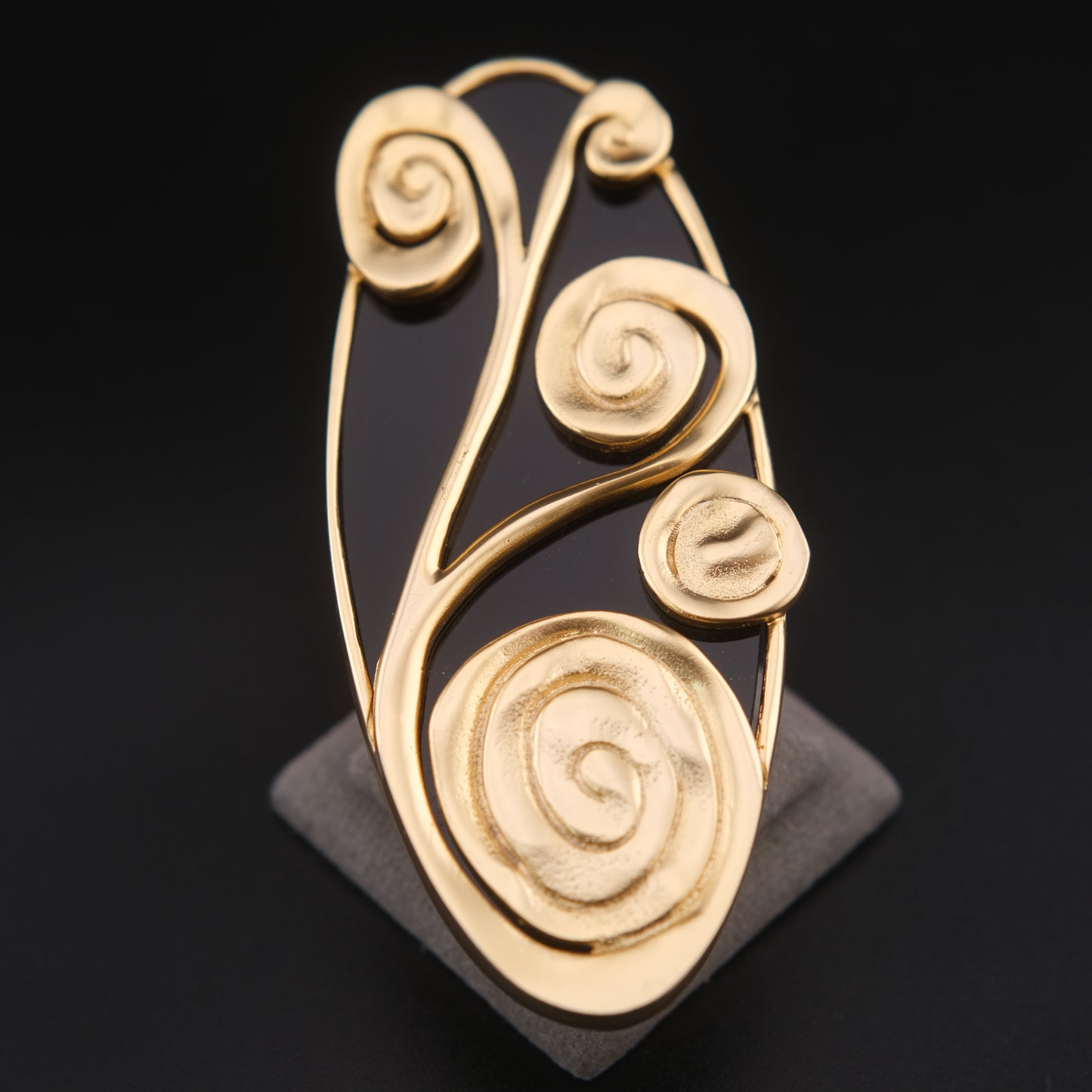 ❤️ Vintage Abstract Gold Tone & Black Sculptural Brooch – Large Swirl Statement Pin
