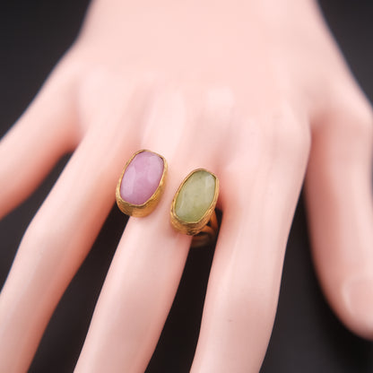 ❤️ Vintage Brass Sculptural Adjustable Ring with Dual Semi-Translucent Stones
