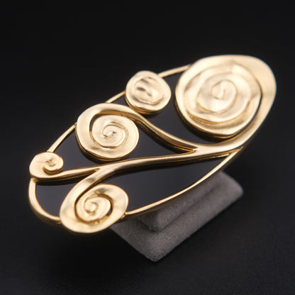 ❤️ Vintage Abstract Gold Tone & Black Sculptural Brooch – Large Swirl Statement Pin