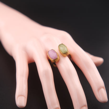 ❤️ Vintage Brass Sculptural Adjustable Ring with Dual Semi-Translucent Stones