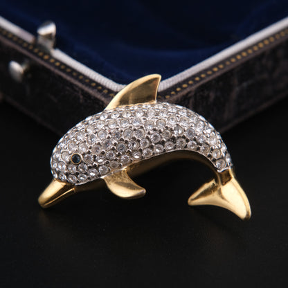 ❤️ Vintage Butler Crystal Dolphin Brooch – Gold-Tone, Pavé Rhinestones