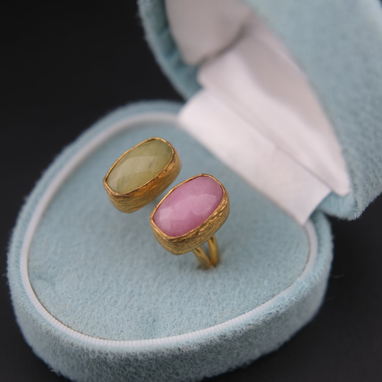 ❤️ Vintage Brass Sculptural Adjustable Ring with Dual Semi-Translucent Stones