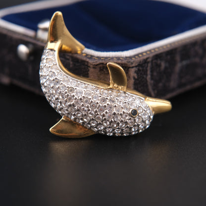 ❤️ Vintage Butler Crystal Dolphin Brooch – Gold-Tone, Pavé Rhinestones