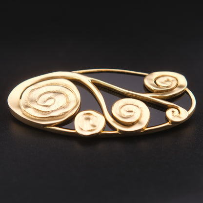 ❤️ Vintage Abstract Gold Tone & Black Sculptural Brooch – Large Swirl Statement Pin