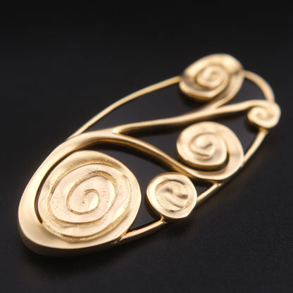 ❤️ Vintage Abstract Gold Tone & Black Sculptural Brooch – Large Swirl Statement Pin