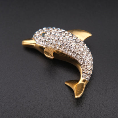 ❤️ Vintage Butler Crystal Dolphin Brooch – Gold-Tone, Pavé Rhinestones