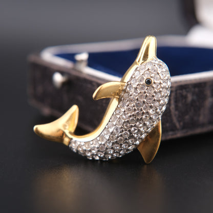 ❤️ Vintage Butler Crystal Dolphin Brooch – Gold-Tone, Pavé Rhinestones