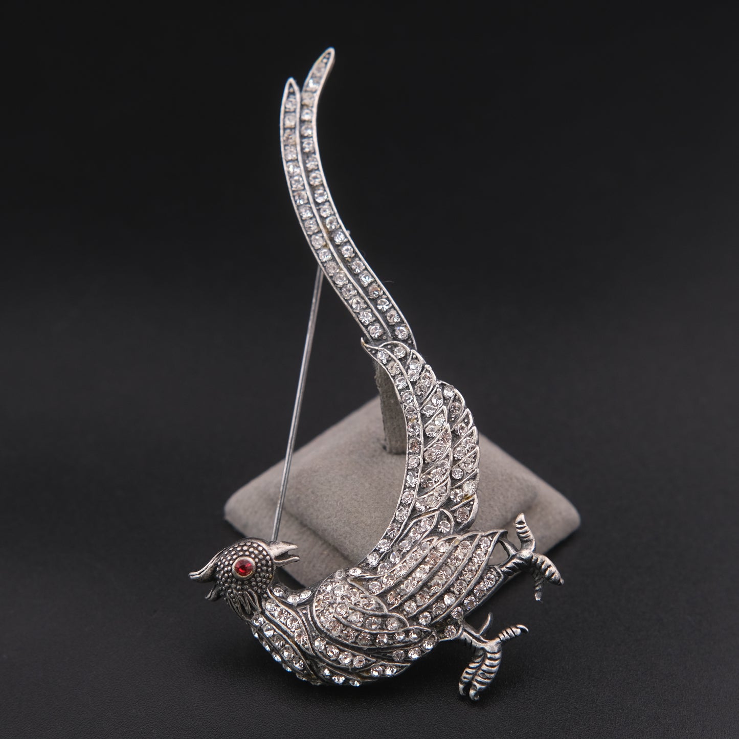 ❤️ Vintage Rhinestone Phoenix Bird Brooch Silver Tone Dramatic Tail Pin