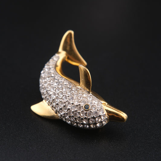 ❤️ Vintage Butler Crystal Dolphin Brooch – Gold-Tone, Pavé Rhinestones