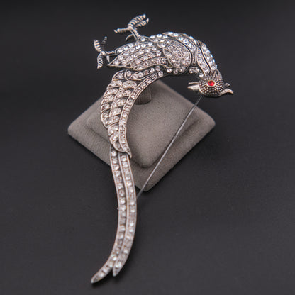 ❤️ Vintage Rhinestone Phoenix Bird Brooch Silver Tone Dramatic Tail Pin